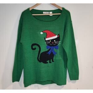 Christmas Cat Sweater Womens 1X Green Knit Black Santa Plus Sz Isabella's Closet